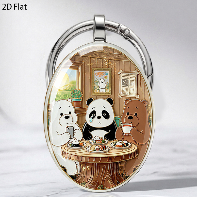 2d flat     2d flat a single 2d flat keychain featuring an exquisite embossed scene of       three     are having a dinner   in a   restaurant with panda shedding tears a multifunctional product