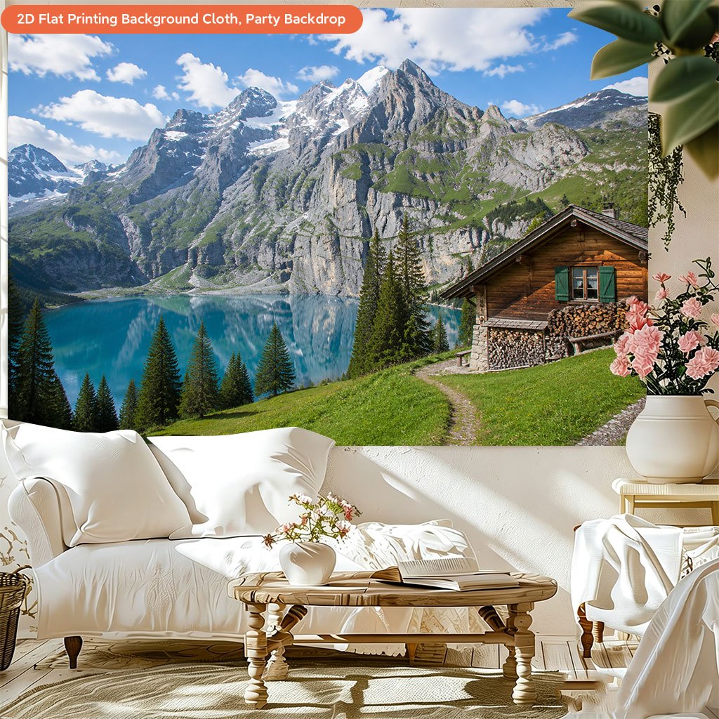 Mountain Cabin And Lake Scenery Background Cloth Banner