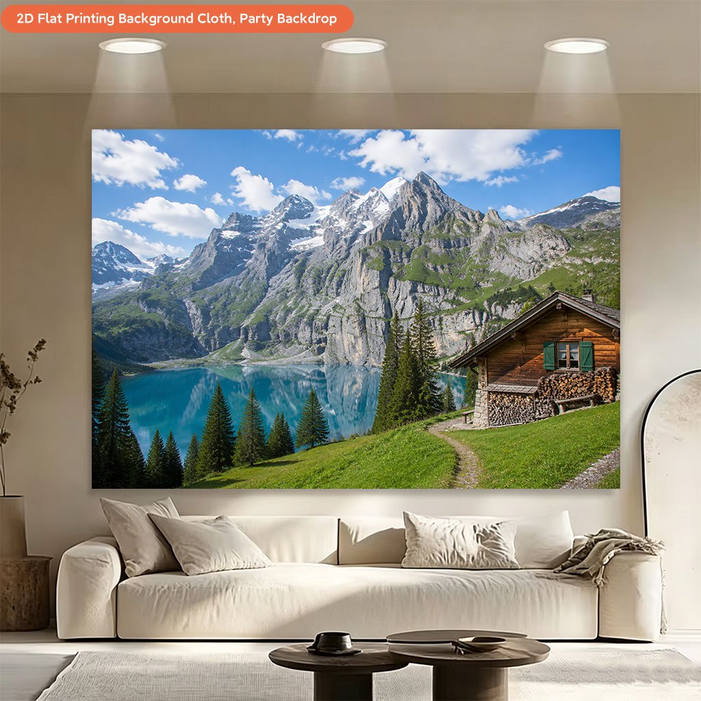 Mountain Cabin And Lake Scenery Background Cloth Banner