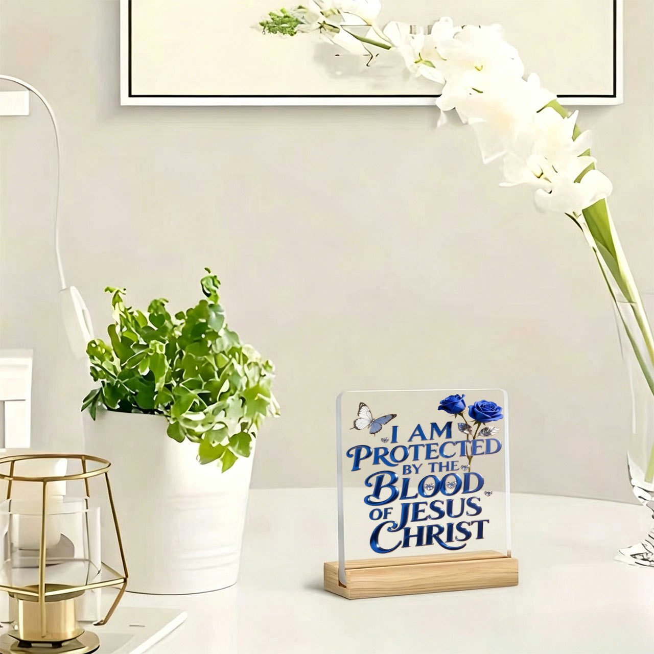 TEMU 1 pièce Presse-papiers religieux « PROTÉGÉ PAR de JÉSUS- » avec base en bois et dessus en acrylique - Décoration de bureau à adaptée pour ,
