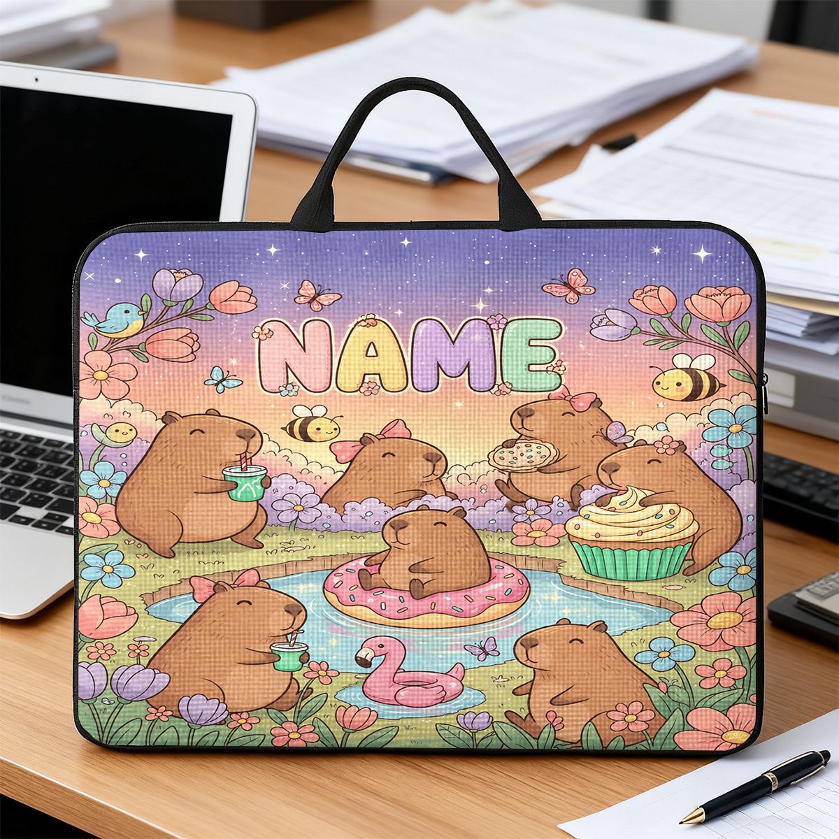 Custom Capybara Picnic Pattern Large Laptop Bag with Handle