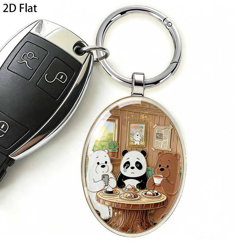 2d flat     2d flat a single 2d flat keychain featuring an exquisite embossed scene of       three     are having a dinner   in a   restaurant with panda shedding tears a multifunctional product