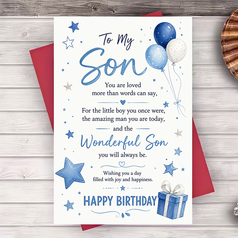 TEMU 1pc Envelope And 1pc Greeting Card, Happy Birthday Greeting Card For Son, Blue Balloons Design, Message For Birthday Celebration And Special