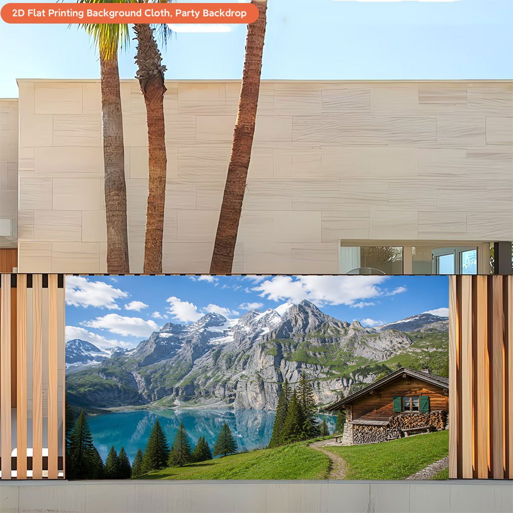 Mountain Cabin And Lake Scenery Background Cloth Banner