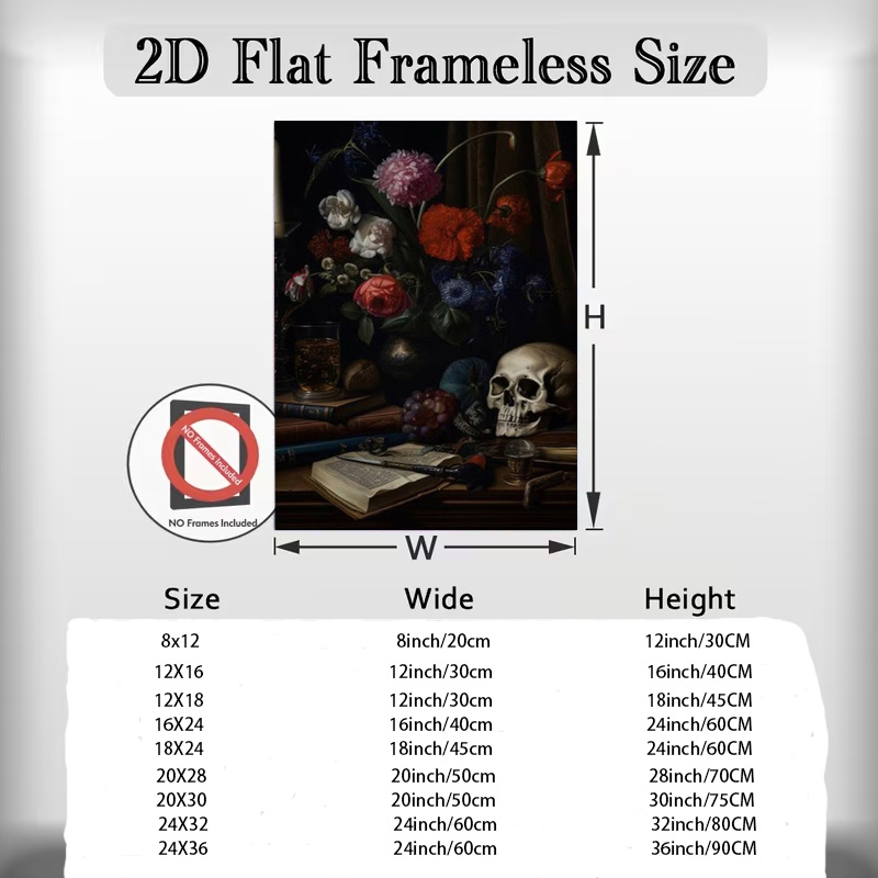 2d 플랫, 2d 플랫, [포스터 및 프린트] 고딕 새와 해골 벽화 - 프레임리스 다크 플로럴 까마귀 테마 포스터, 홈 데코, 우울한 할로윈 침실 벽 스티커, 고딕 프레임리스 아트 컬렉션_4에 적합