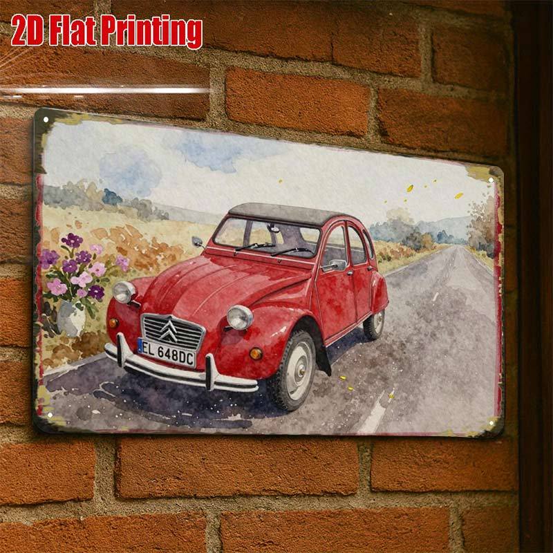 TEMU Plat 2D, 1 pièce, Impression d'art de voiture rouge vintage, Panneau créatif en étain pour décoration de garage, Lettrage , Impression de haute