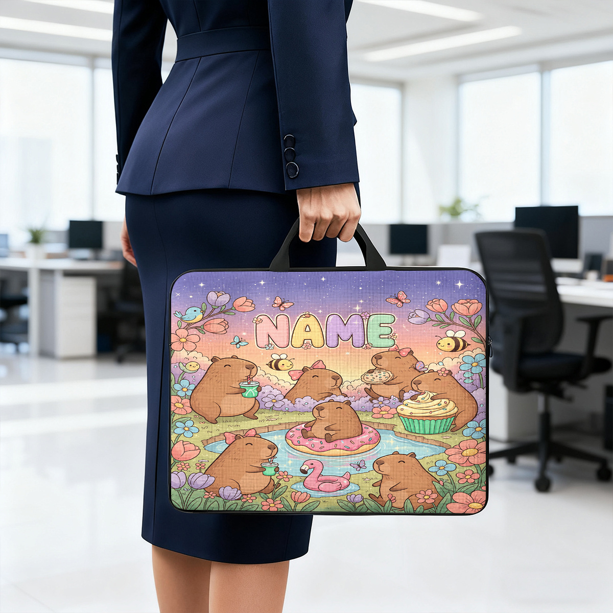 Custom Capybara Picnic Pattern Large Laptop Bag with Handle