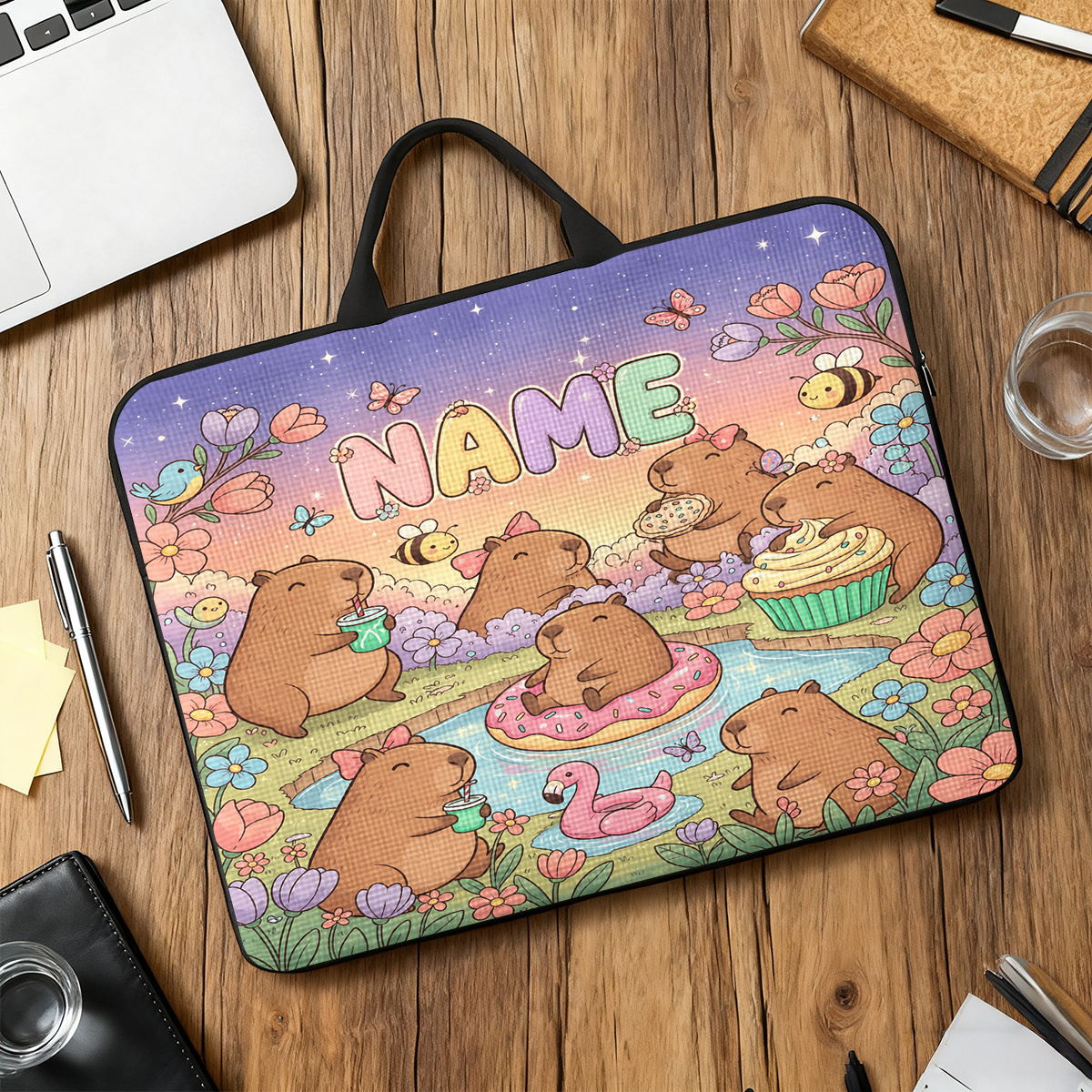 Custom Capybara Picnic Pattern Large Laptop Bag with Handle