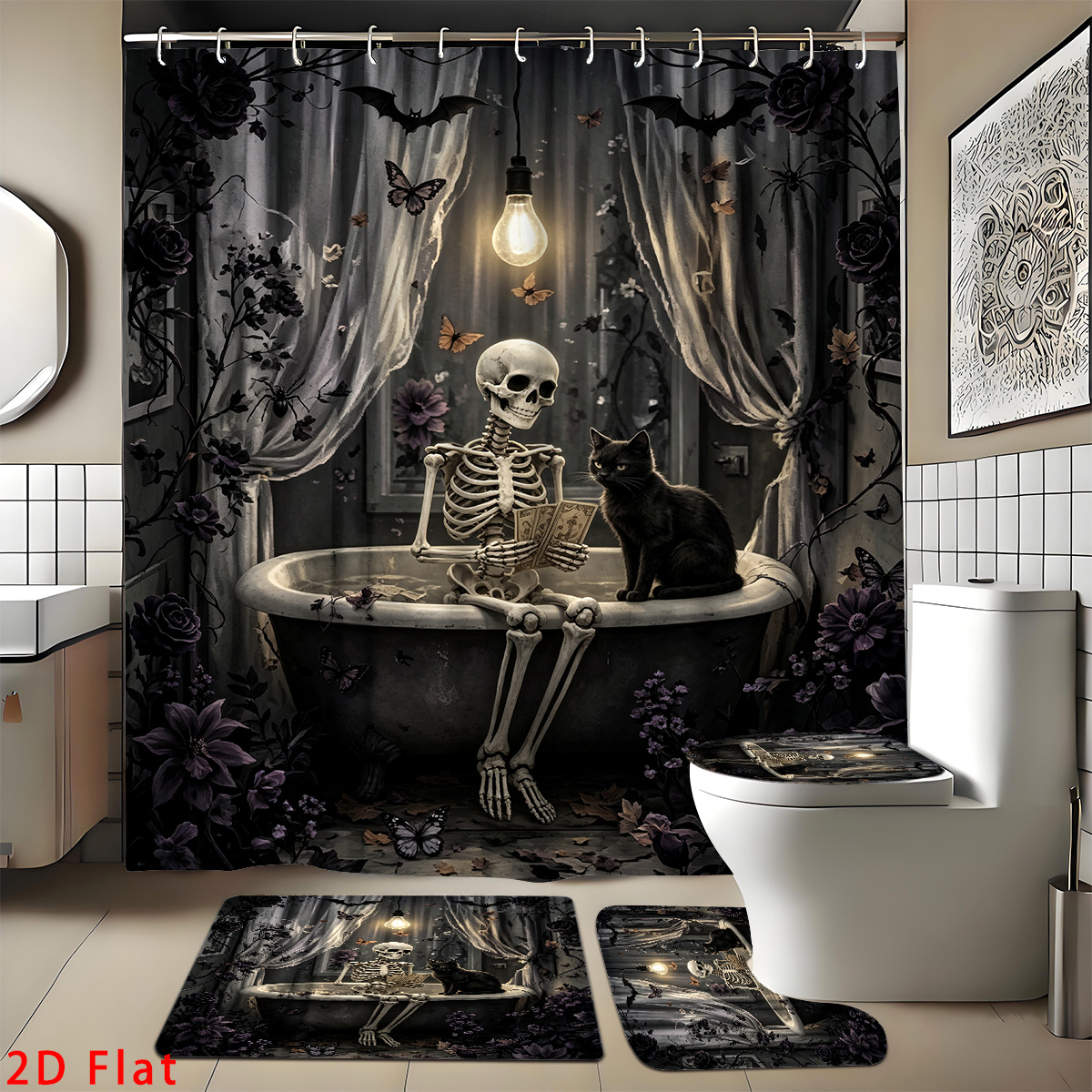 TEMU 2d Flat, 4pcs Gothic 2d Bathroom Set, High-quality Bathroom Decorations And Additions Including Non-slip, U-shaped, Toilet Seat, And Shower