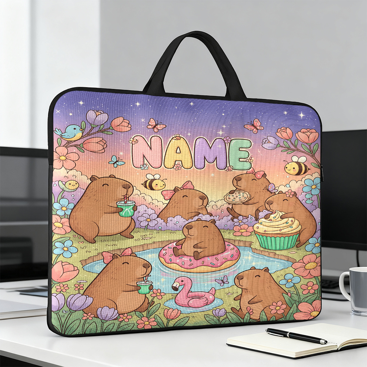 Custom Capybara Picnic Pattern Large Laptop Bag with Handle