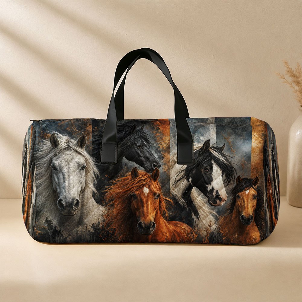 TEMU [2d Flat] 1pc Vintage Travel Duffel Bag, Horse Pattern, Large Capacity, Portable, Zip Closure, Lightweight, Unisex, Short Trips, Weekend Travel,