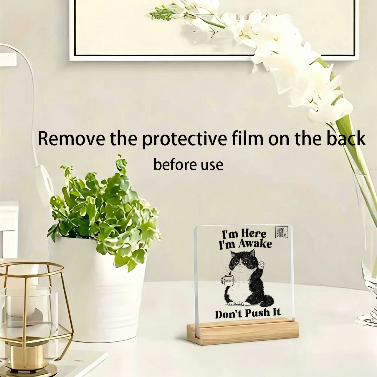 TEMU 1pc Black Cat With Glasses Raising Paw ", I'm Awake, Don't " Standing Figure For Desktop Decoration, Suitable For Work, Office Desk Decor,
