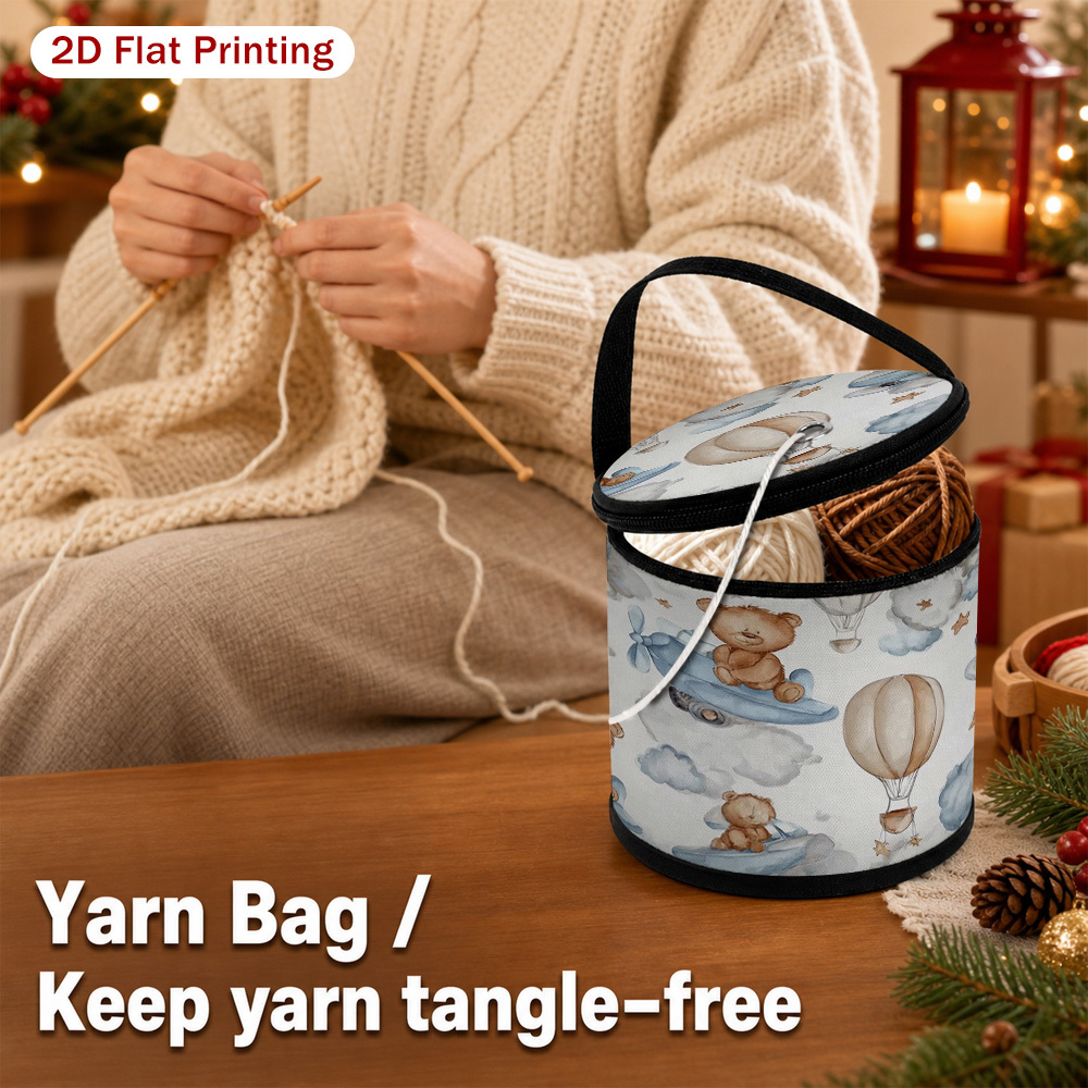 1pc yarn storage organizer with collapsible zipper lid yarn outlet hole portable handle suitable for knit crochet craft supplies cute   balloons clouds yarn holder for diy crafts portable yarn organizer for home 2d flat yarn storage