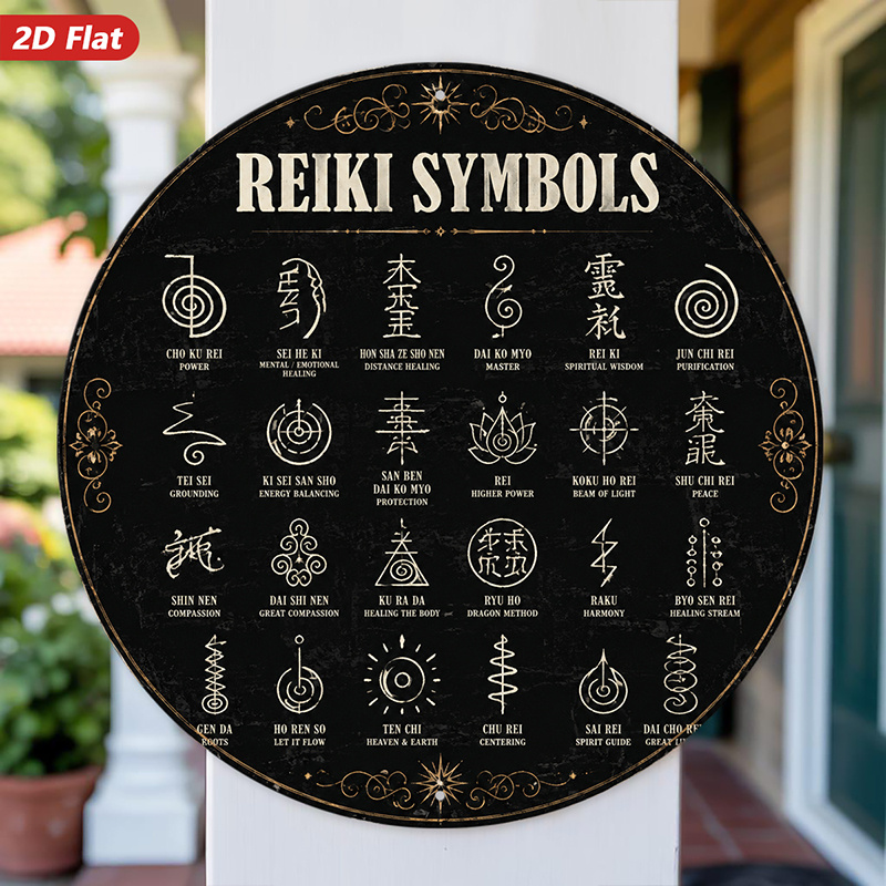 TEMU 2d Flat, 1pc Reiki Symbols Chart Round Metal Sign Wall Art, Spiritual Icons, Black Golden Aesthetic, Zen Meditation , Suitable For Dining Room