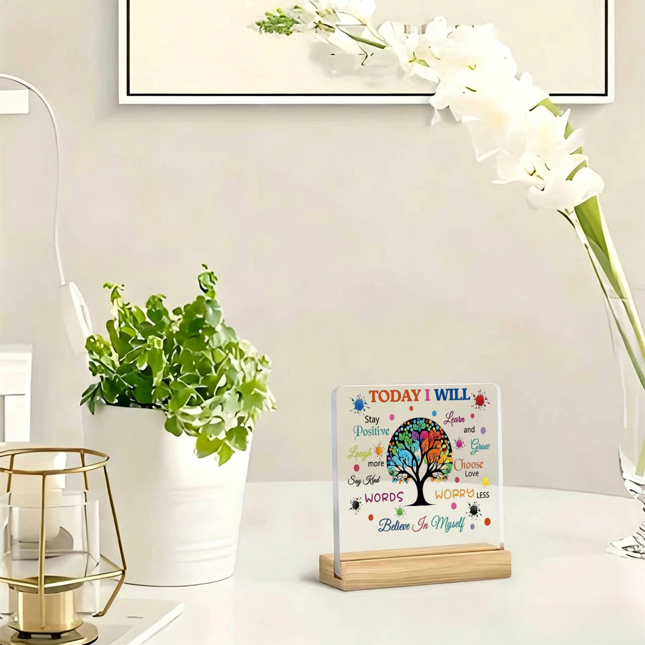 TEMU 1pc Colorful Tree "today I Will" Paperweight Slogan Ornament, Warm And Inspirational Slogan, Acrylic Ornament With Wooden Base, Paperweight,