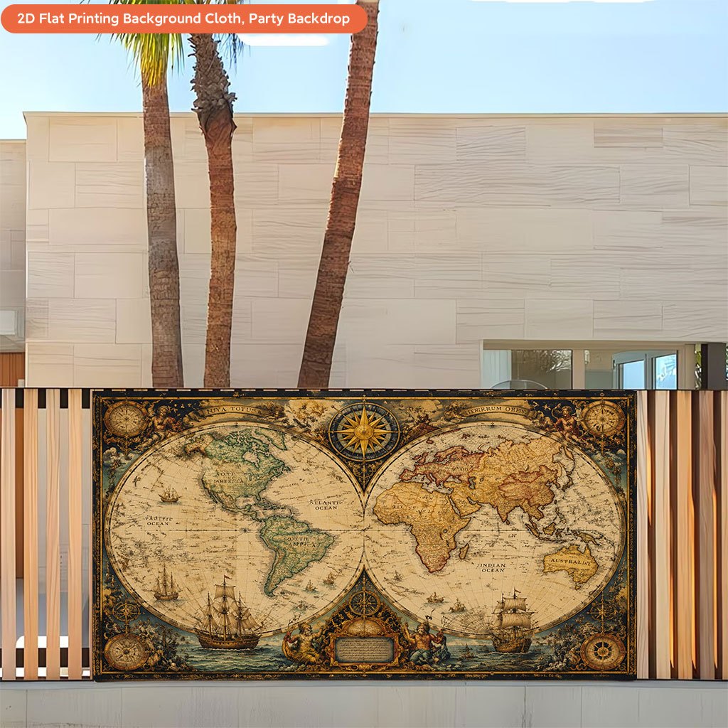 Ancient World Map Exploration Background Cloth Banner