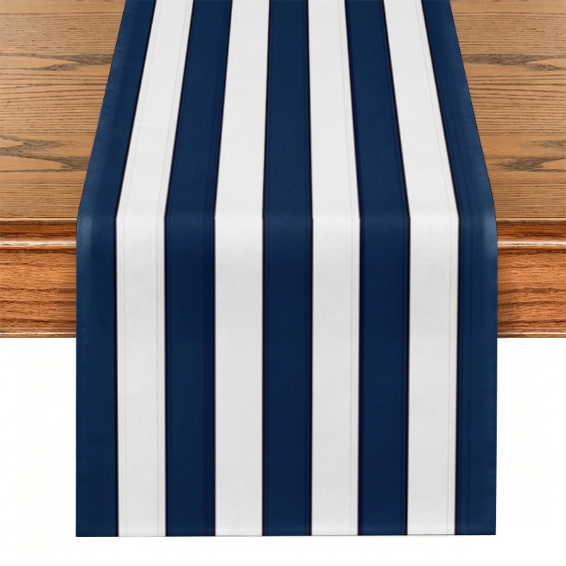 TEMU 1pc 2d Table Flag, Navy Blue White Horizontal Striped Table Runner For Nautical , Ideal For Daily Dining Table Kitchen Island & Summer Beach