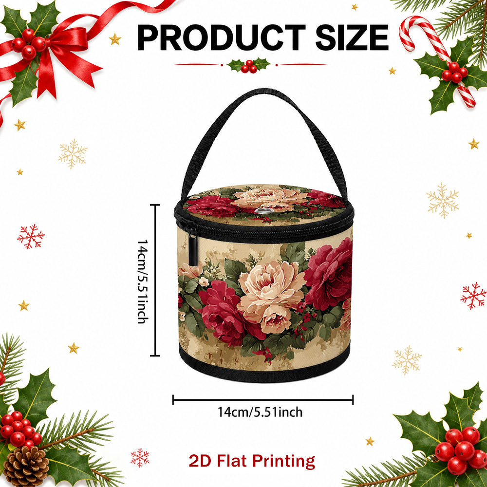 TEMU 1pc Multifunctional Vintage Floral Red Pink Roses Craft Storage Bucket - Yarn Organizer Tote For Knitting Supplies, Portable Holder For Crochet