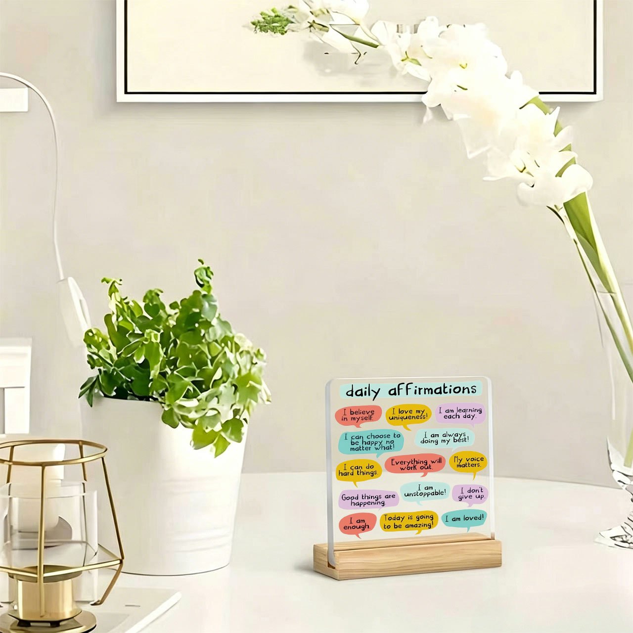 TEMU 1pc Inspirational Quote "daily Affirmations" Paperweight Slogan Ornament Warm, Inspirational Slogan, Acrylic Ornament, With Wooden Base,
