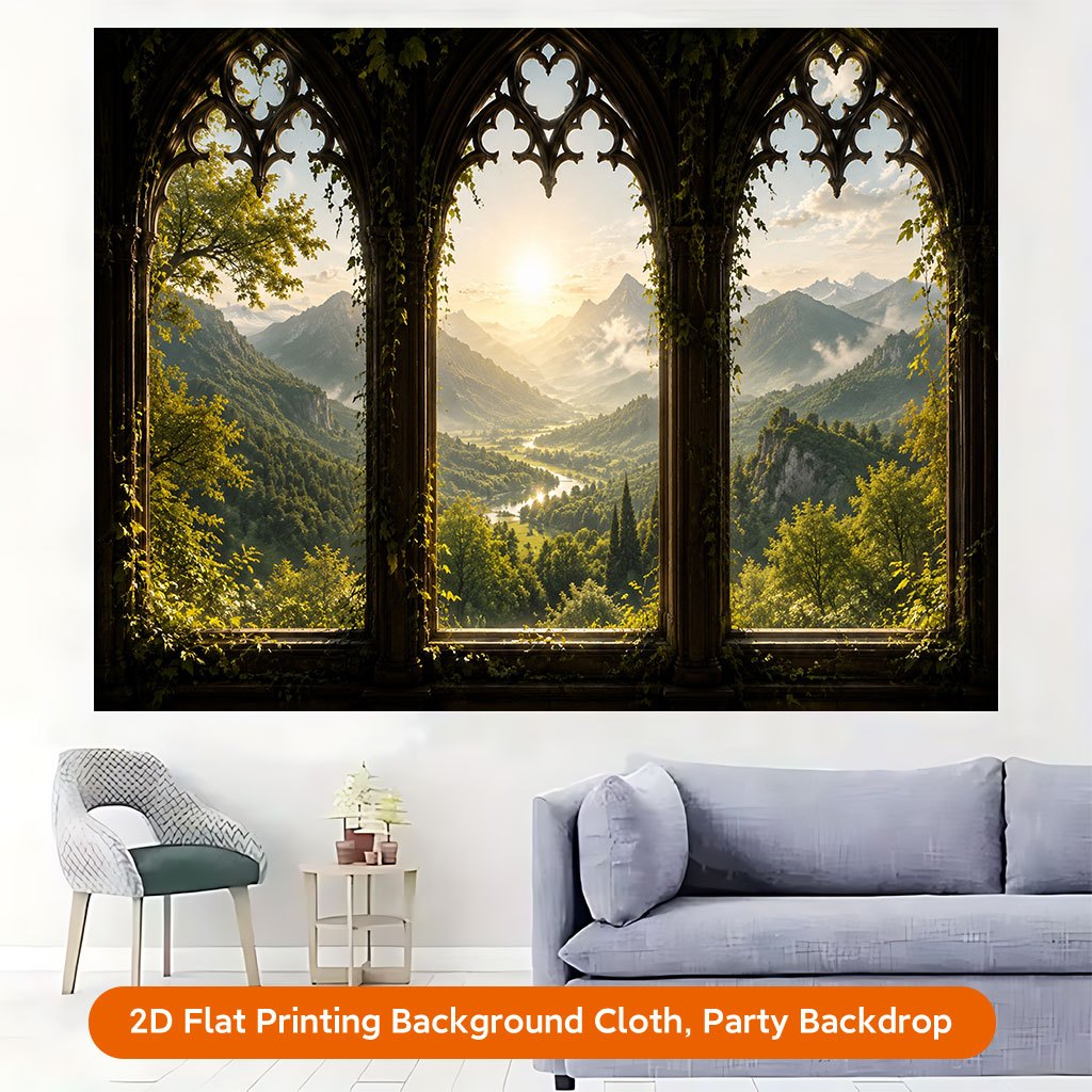 2D Flat Mountain View Through Gothic Windows Photography Backdrop