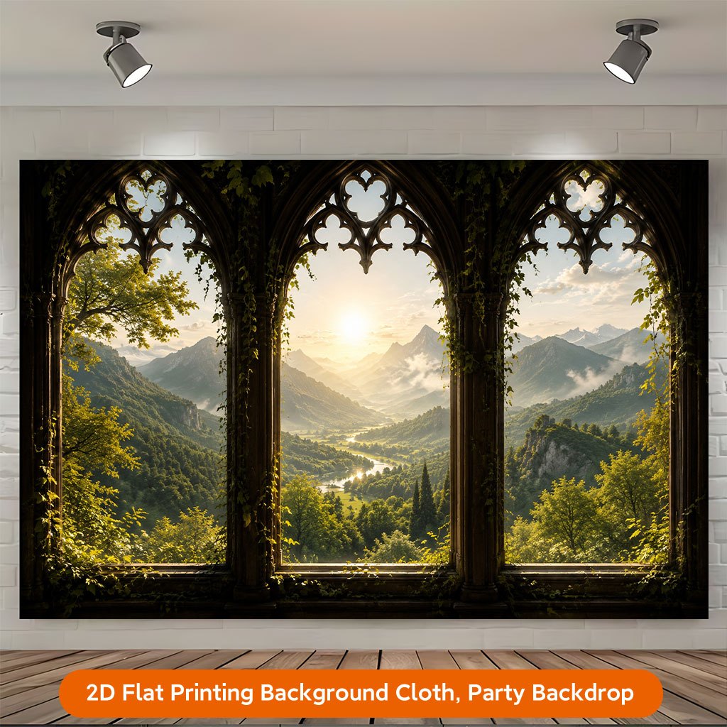 2D Flat Mountain View Through Gothic Windows Photography Backdrop