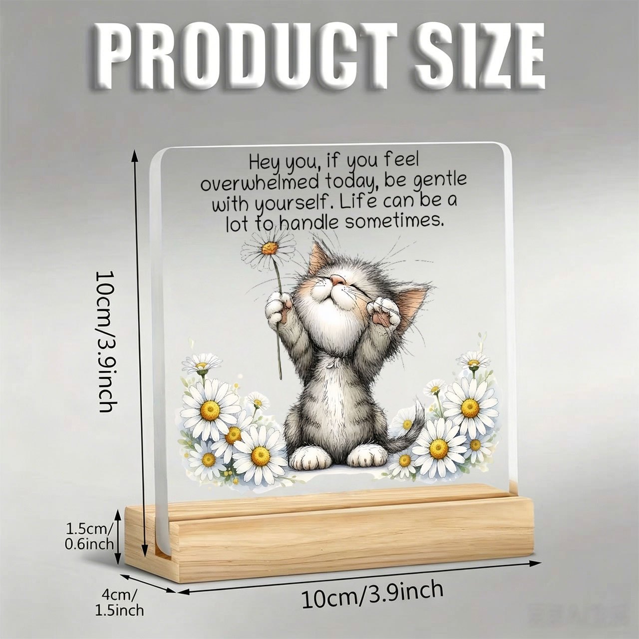 TEMU 1pc Cute Cat Holding Dandelion And Daisy Ornament With Inspirational Slogan, Acrylic Figurine With Wooden Base, Paperweight, Desktop Decoration,