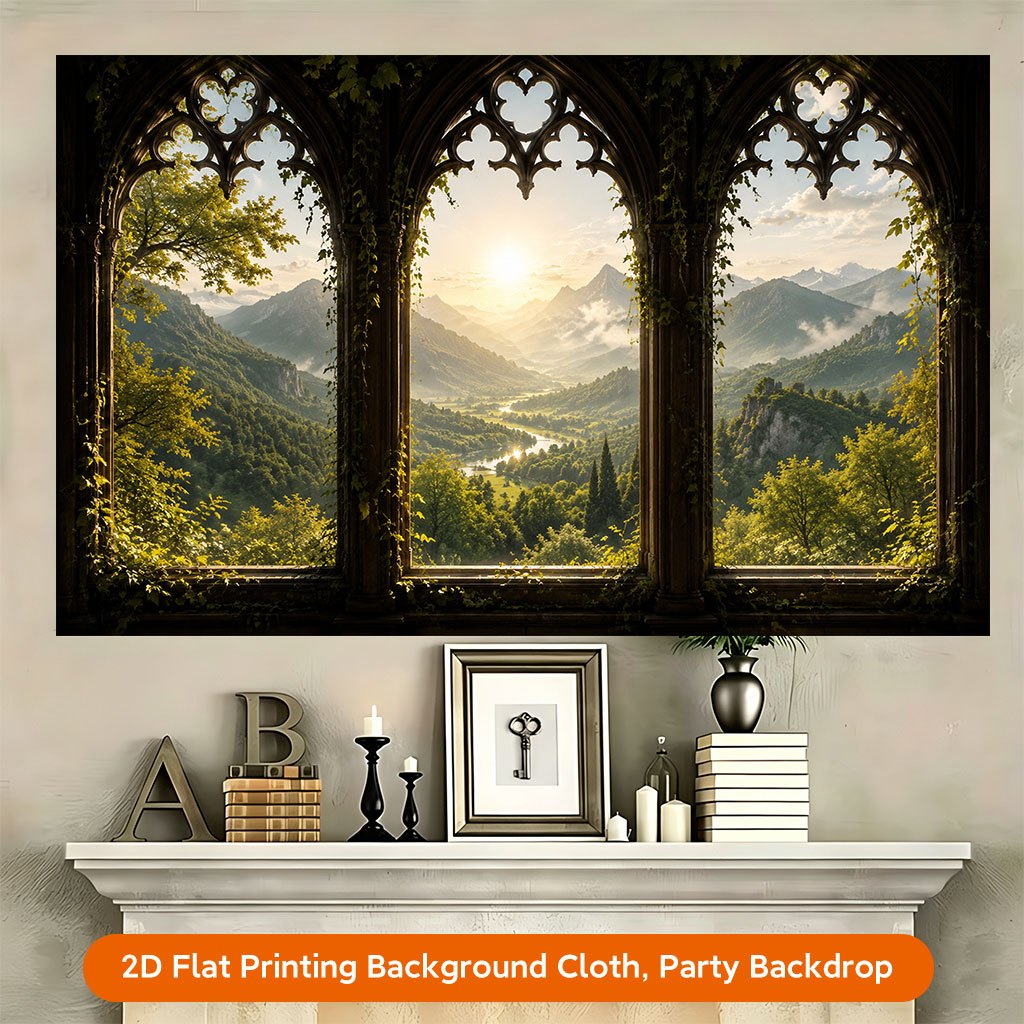 2D Flat Mountain View Through Gothic Windows Photography Backdrop
