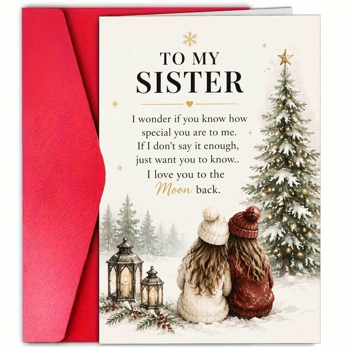 TEMU 1 Greeting Card + 1 Envelope. 2d Flat 1pc Sister Christmas Card, Featuring Wearing Knitted Hats Sitting By A Christmas Tree In The Snow With A
