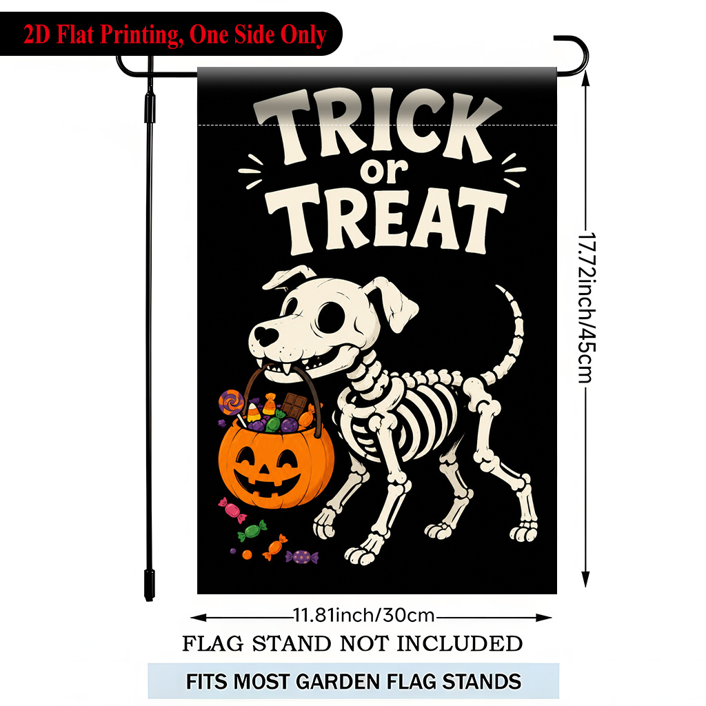 TEMU 2d Flat, 2d Flat Printing Garden Flag 1pc, Halloween Skeleton Dog Pumpkin Polyester Garden Flag, Single-side Printing, Suitable For Home Decor,