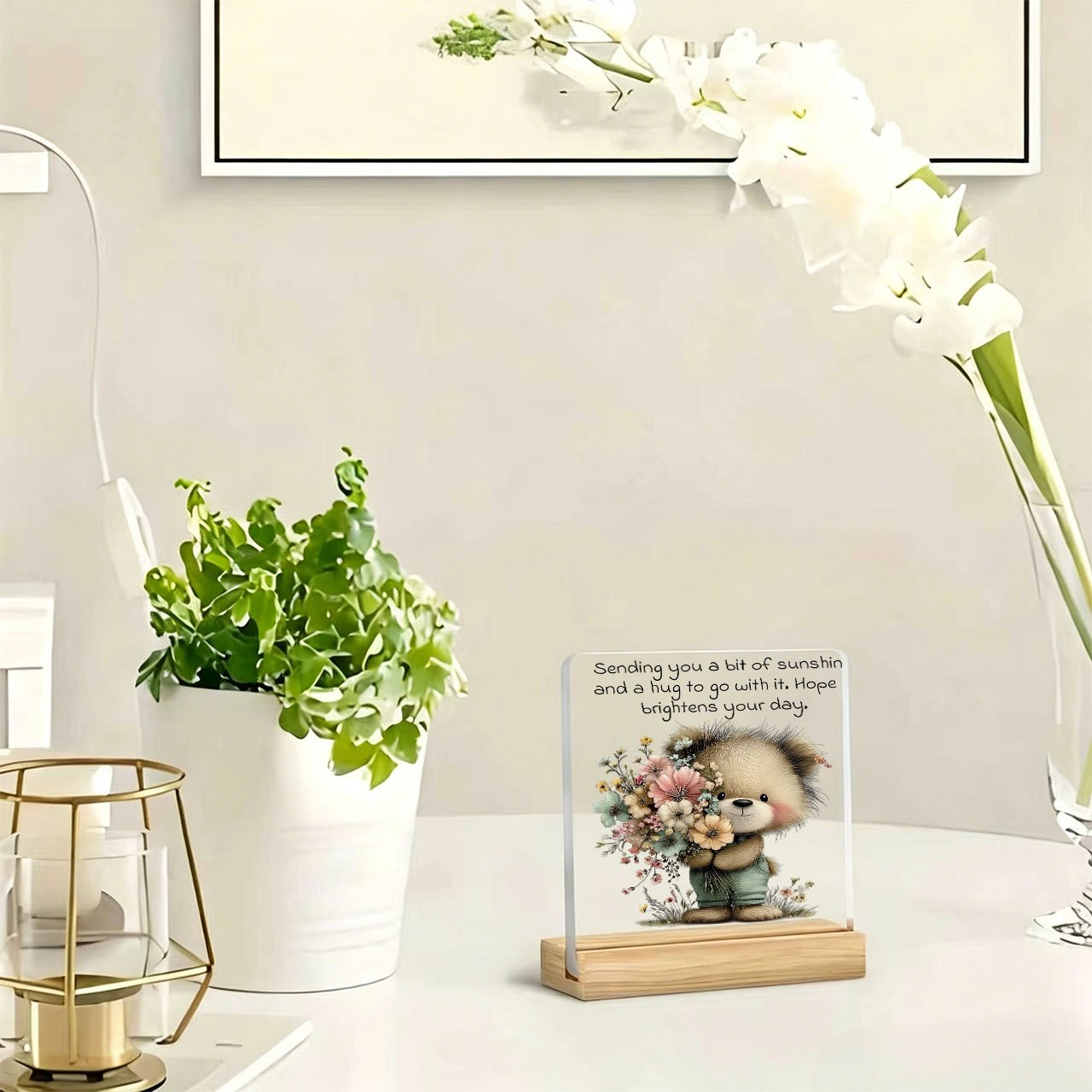 TEMU 1pc Hugging Bear Paperweight Slogan Ornament, Warm And Inspirational Slogan, Acrylic Ornament With Wooden Base, Paperweight, Office Desktop