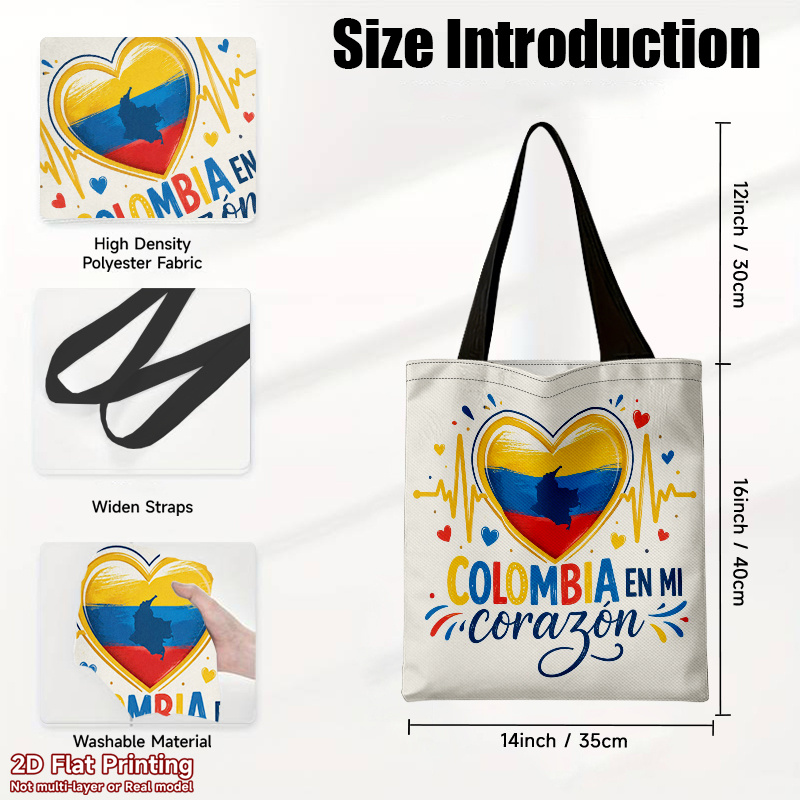 TEMU 1pc 2d Flat Printing Colombia Heartbeat Graphic Design Tote Bag, Fashion Polyester Shoulder Bag Ideal For Gym Workout And Shopping, Portable