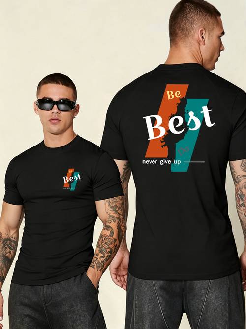 Artikelbild herren oversized t-shirt „ never give up“ – motivations-aufdruck auf dem rücken, rundhals, kurzarm-top mit brustlogo, sommerliche lässige streetwear-basic-t-shirt, für fitnessstudio, freizeitkleidung & lagenlooks