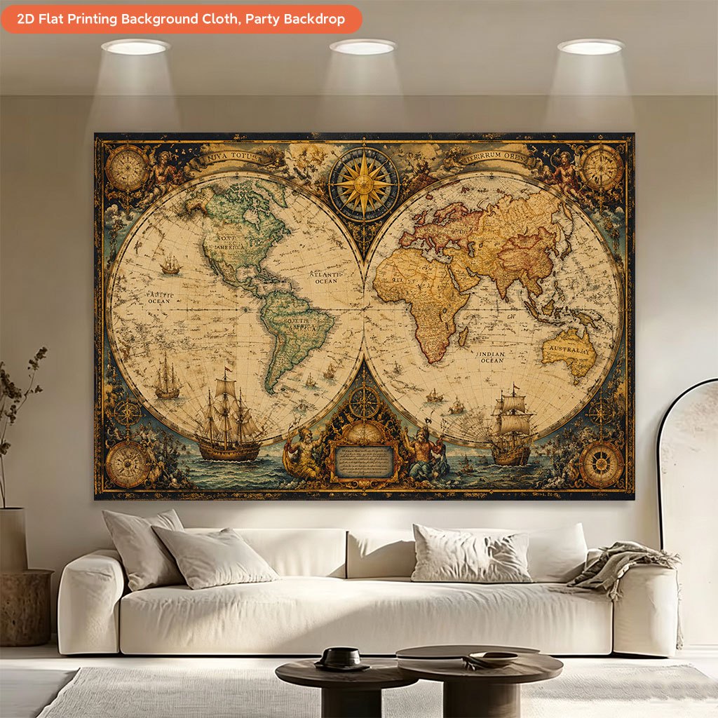 Ancient World Map Exploration Background Cloth Banner