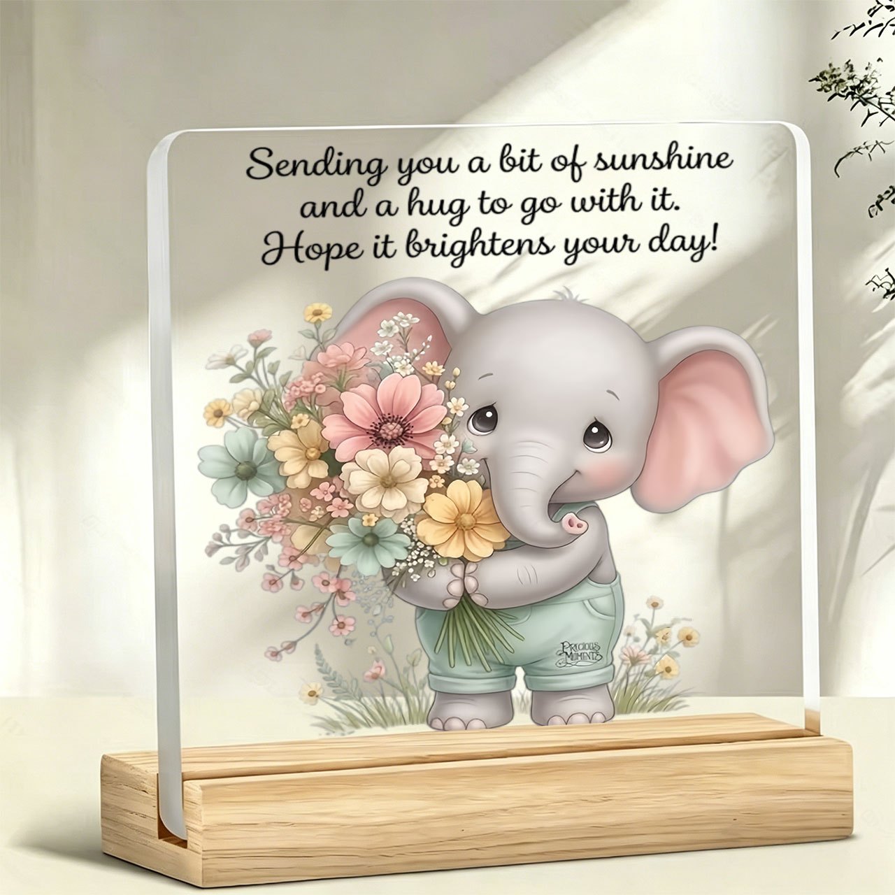 TEMU [2d Flat] 1pc Cartoon Elephant Holding Flowers Figurine With Inspirational Slogan, Acrylic Ornament With Wooden Base, Paperweight, Desk