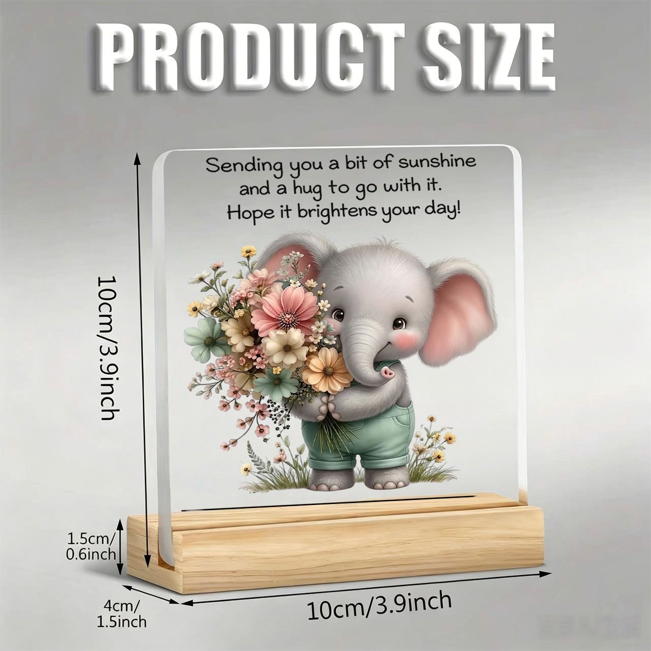 TEMU 1pc Cartoon Elephant Bouquet Pattern Ornament With Inspirational Slogan, Acrylic Decoration With Wooden Base, Paperweight, Office Desktop