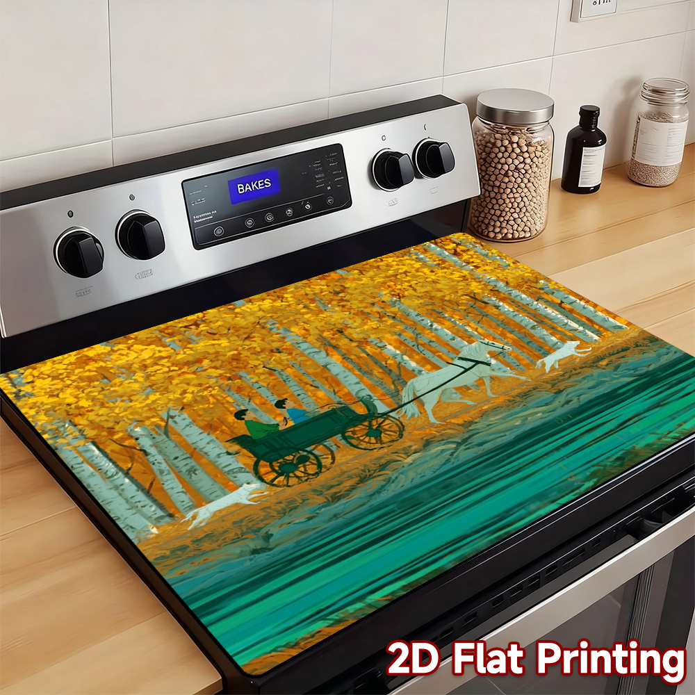 item picture 1pc   horse carriage autumn forest stove cover suitable for electric ovens glass cooktops oven pads mouse pad protectors   for stove top decoration compatible for kitchen appliances 2d flat