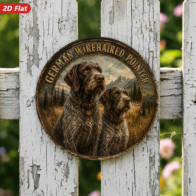 TEMU 2d Flat, 1pc German Wirehaired Pointer Round Metal Sign Wall Art, Home Decor, Pair Of Hunting Dogs, Suitable For Kitchen Bedroom, Style, Animal