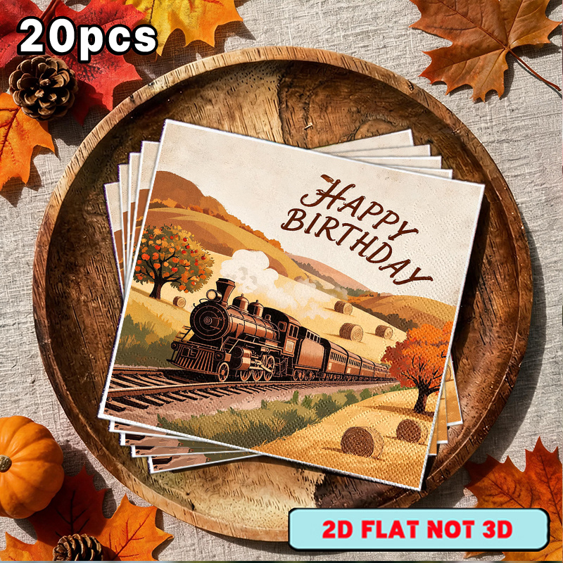 TEMU 20pcs Ysw Suitable Vintage Train & Happy Birthday Napkins - 2-ply Paper Table Napkin Sheets With Train Pattern, For Party, For, For Restaurants,