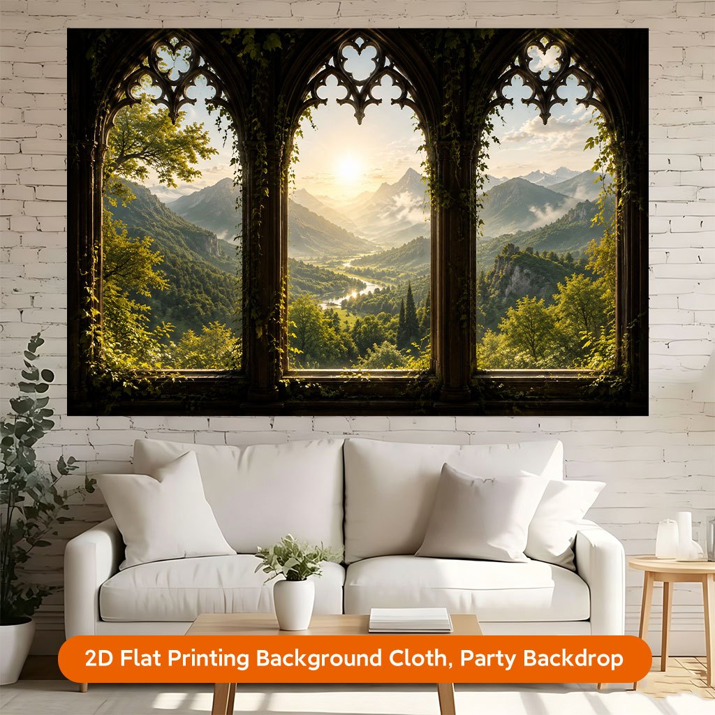 2D Flat Mountain View Through Gothic Windows Photography Backdrop