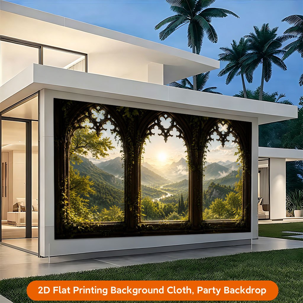 2D Flat Mountain View Through Gothic Windows Photography Backdrop