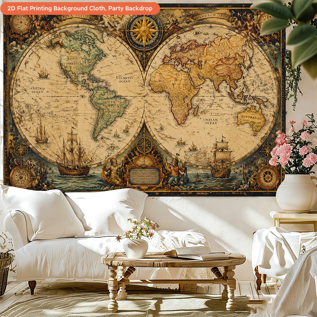 Ancient World Map Exploration Background Cloth Banner