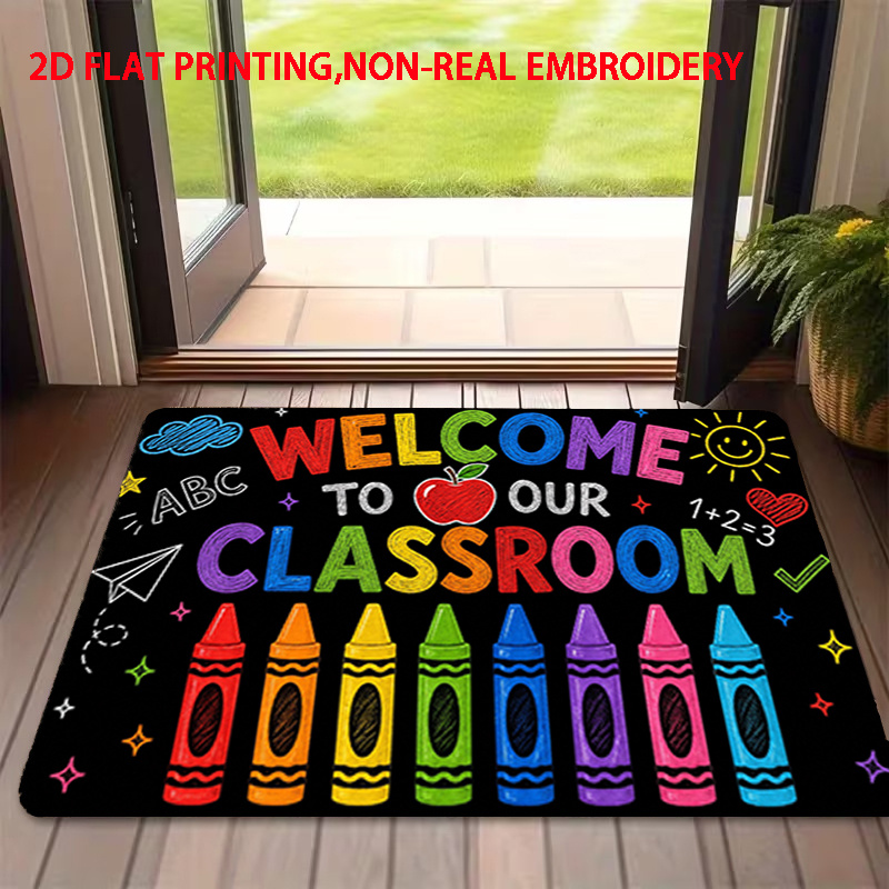 TEMU 1pc, 2d Flat Printing, "welcome To Our Classroom" Colored Crayon Classroom Entrance Doormat, Non-slip Machine Washable Easy-to-clean Polyester
