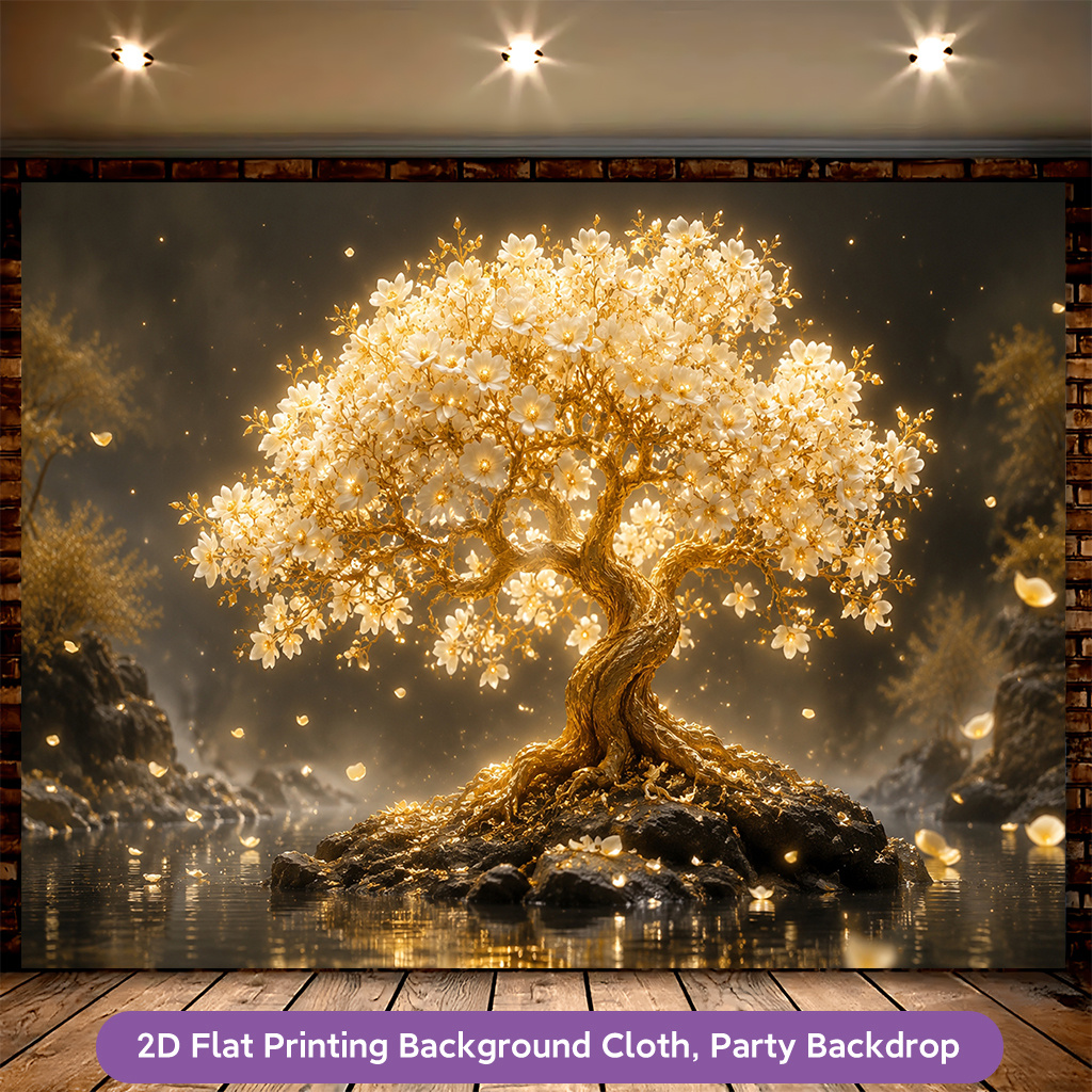 Golden Tree Blooming Flowers Polyester Banner Decor for Living Room