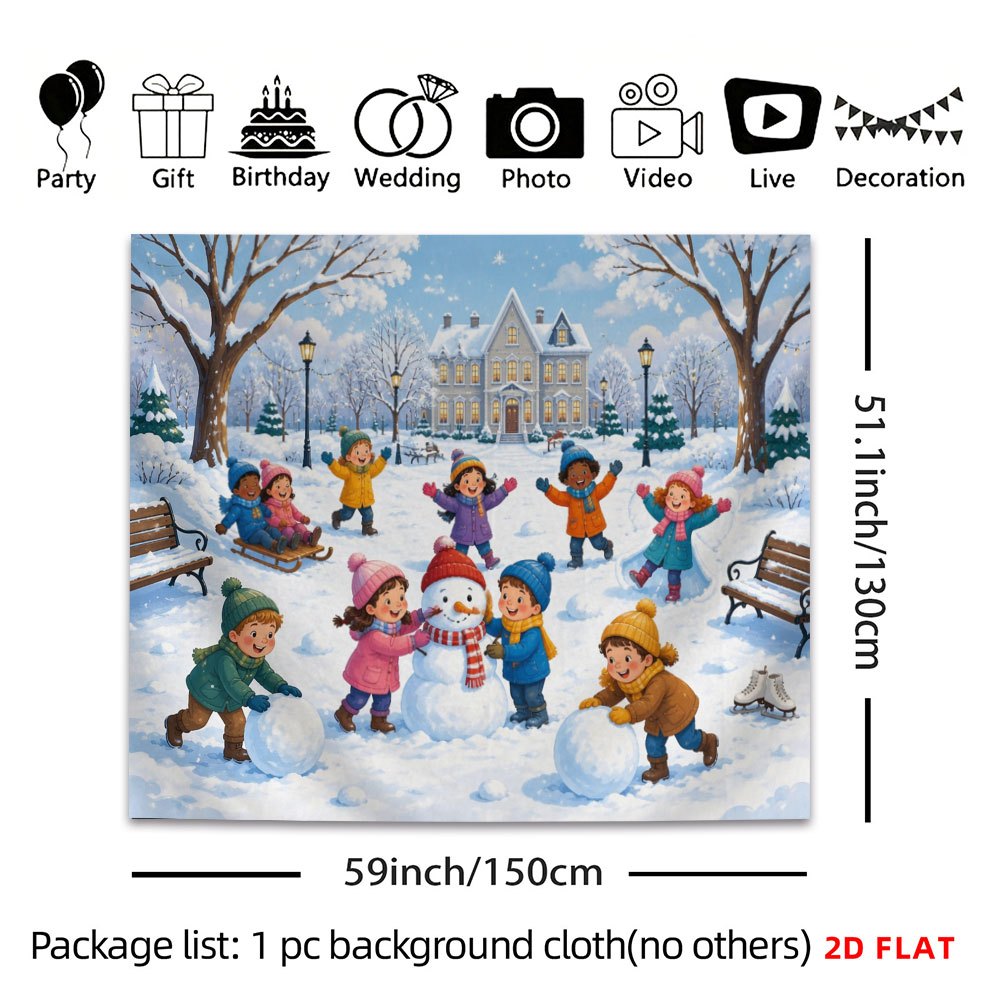 TEMU 2d Flat, 1pc 2d Flat Tapestry Playing In Snowy Park, Building Snowman, Sledding, Winter Scene, 2d Flat