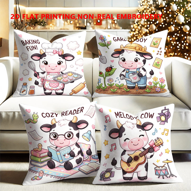 TEMU 2d Flat - 4pcs, 2d Flat Printing, Cartoon Cute Cow Sofa Cushion Covers, Single-sided Printing, Modern Fashion Decorative Pillowcases, Polyester