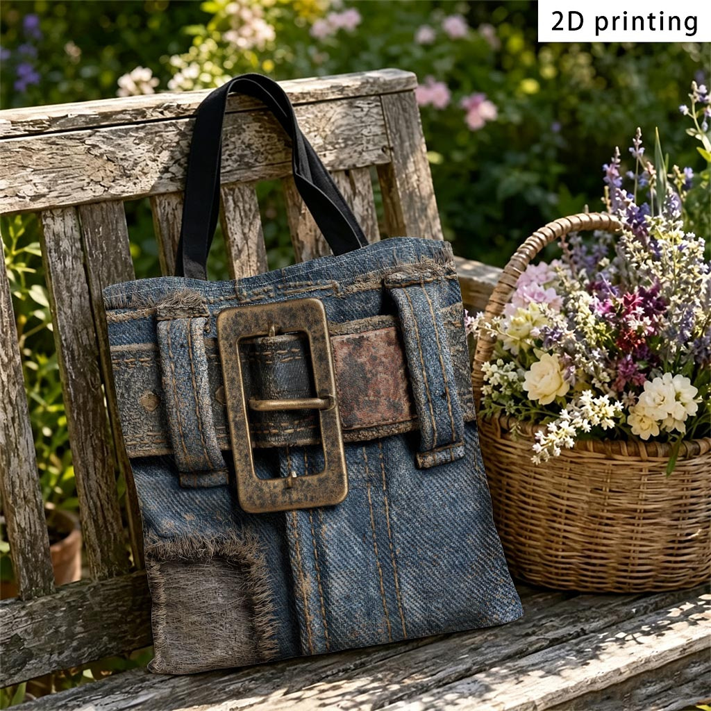 TEMU 1pc Printed Design Not Textured Women's Handbag 2d Flat Printing Worn Belt Metal Buckle Printed Women' Tote Bag Front And Back Double-sided