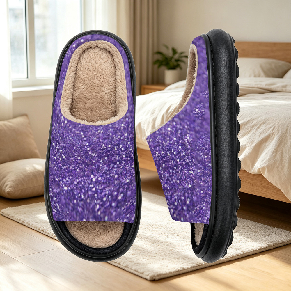 TEMU Purple Glitter Printed Spring Summer Breathable Lightweight Comfortable Unisex Heightened Home Slippers, Soft Fabric, Home Breathable Casual