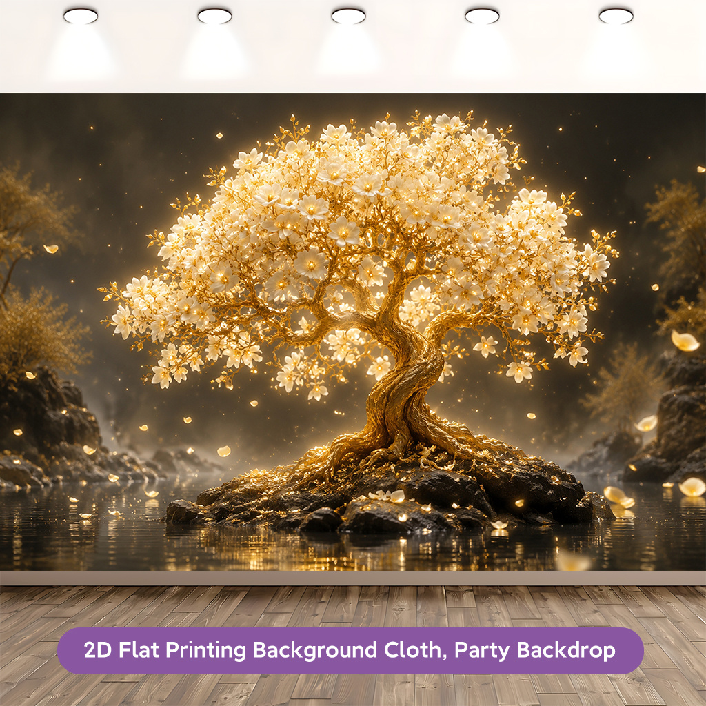 Golden Tree Blooming Flowers Polyester Banner Decor for Living Room