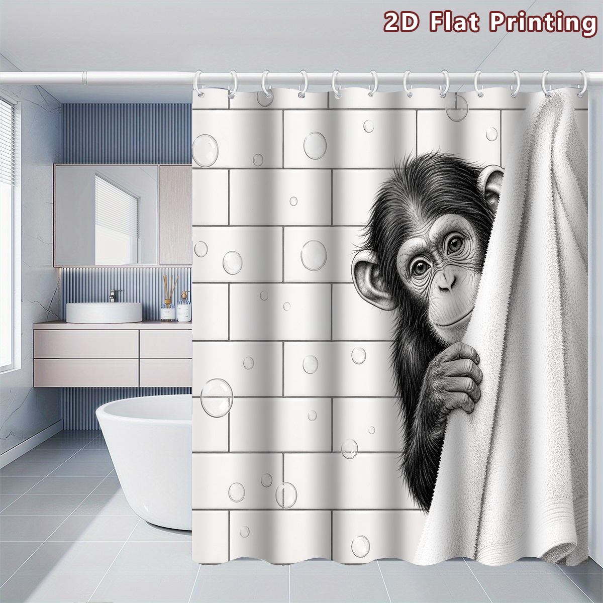 TEMU 2d Flat, 1pc Chimpanzee Shower Curtain Suitable For - Bathroom Decor - Modern Black & White Sketch With Hooks, Options (80x180cm To 240x200cm) -