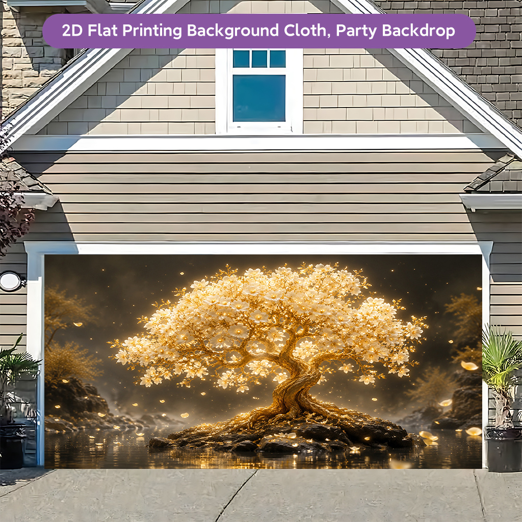 Golden Tree Blooming Flowers Polyester Banner Decor for Living Room